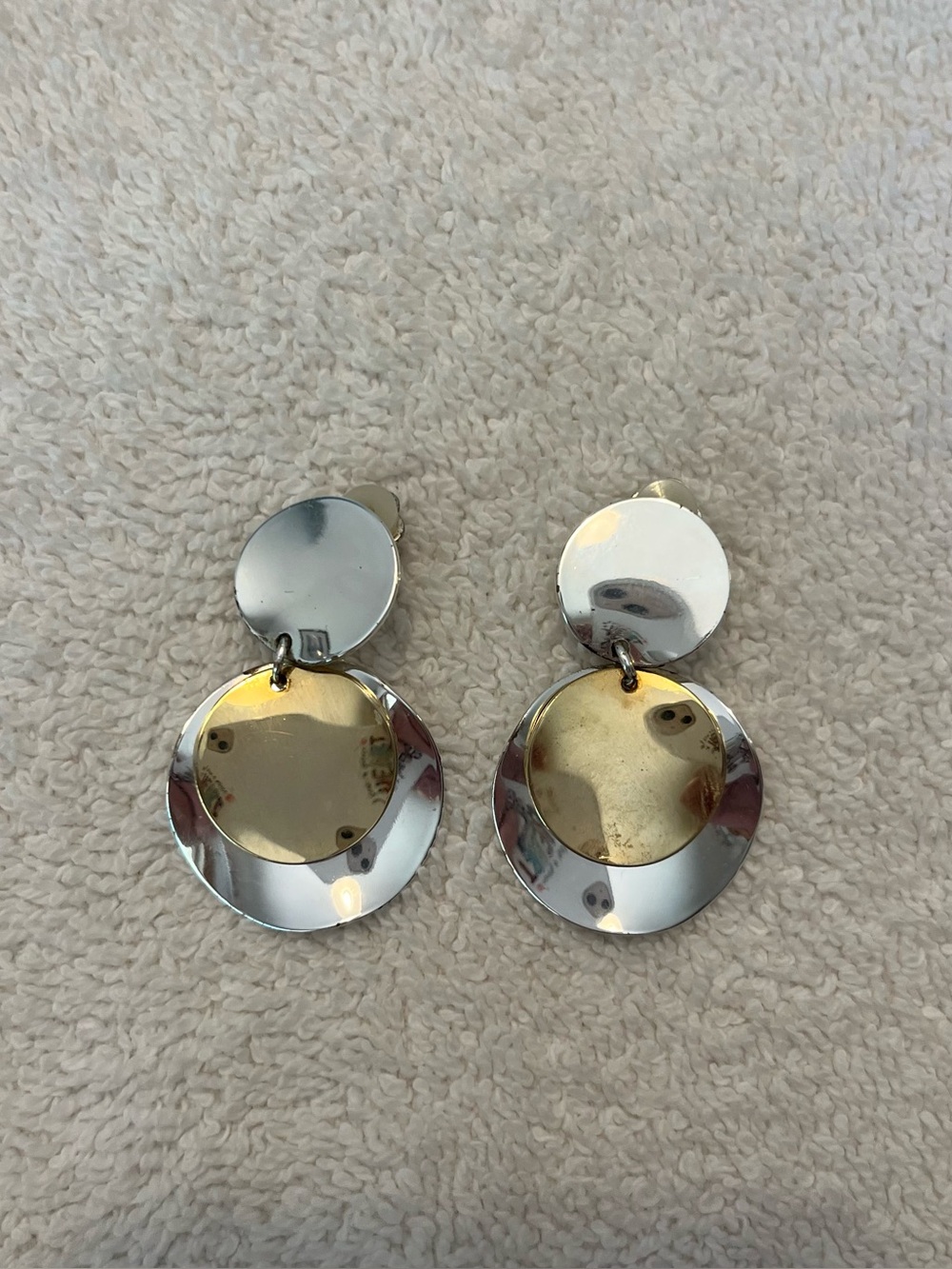 Two-Tone Silver and Gold Disc Drop clip-on Earrings